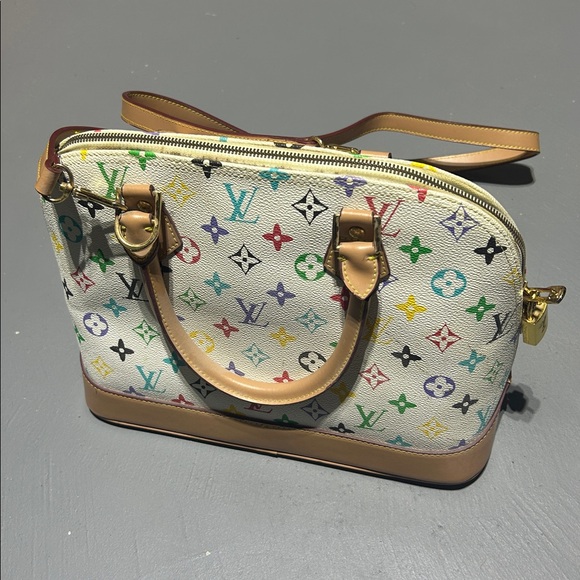 White with Colorful Monogram Pattern Purse Bag with Handles and Shoulder Strap - Picture 2 of 16